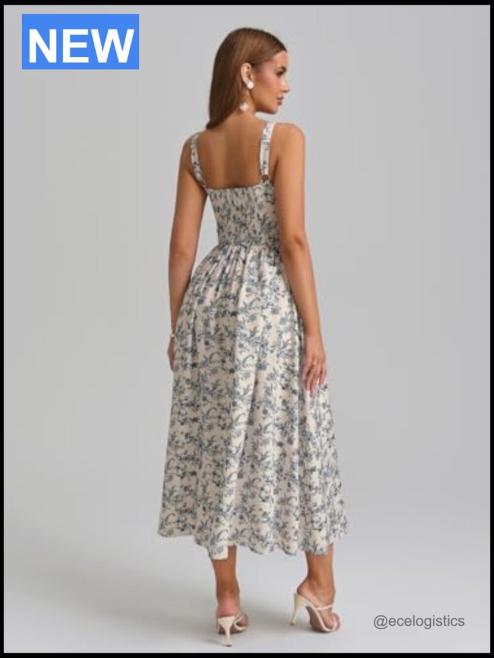Floral Corset Midi Dress Flowy with Pockets Smocked Back Slit Wedding Guest - Picture 3 of 7